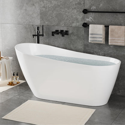 67" Acrylic Freestanding Bathtub, Modern Free Stand Bathtub with Chrome Drain & Overflow, Home Spa, Glossy White