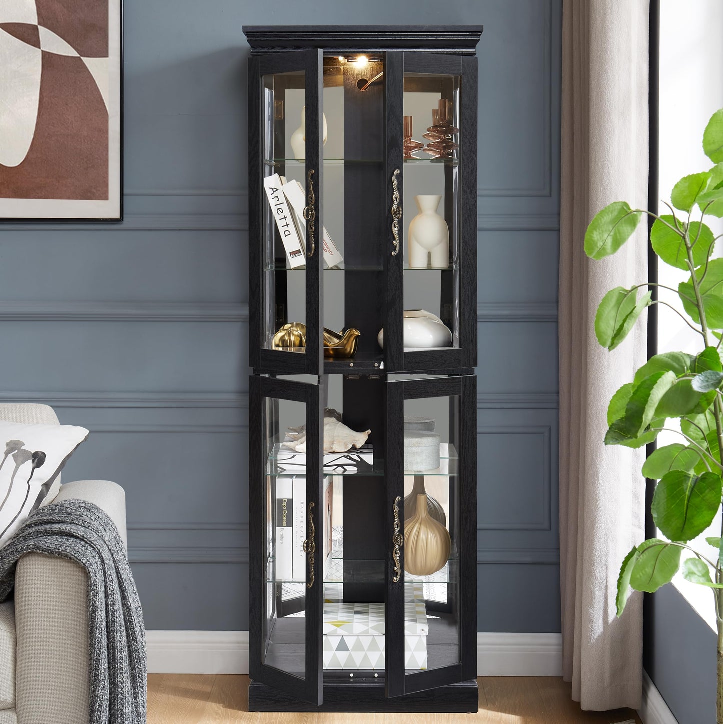 Elountik Lighted Curio Display Cabinet, Glass Storage with Wood Frame, Built-in Lighting for Living Room, Kitchen, Pantry, Ideal for Wine, Toys, Collectibles - Black