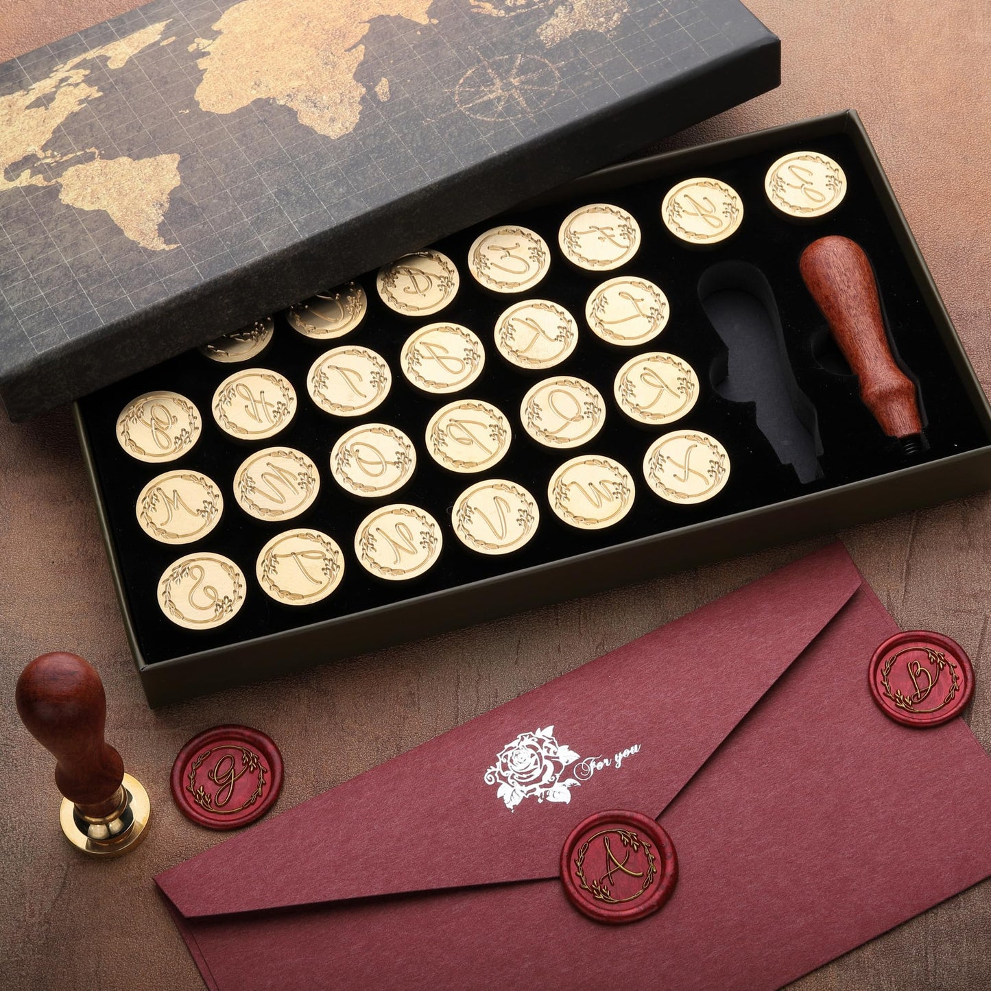 Yoption 26 Letters A-Z Initial Alphabet Wax Seal Stamp Kit, Vintage Handwritten Letter Sealing Wax Stamp with 2pcs Wooden Handles (A-Z)