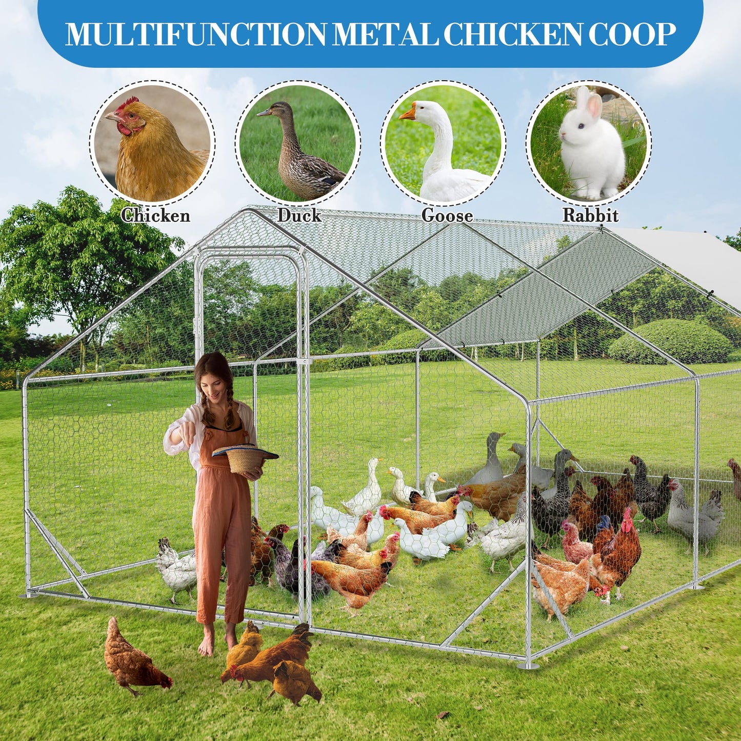 Large Metal Chicken Coop with Run, 9.8x19.7x6.6 Ft Walk in Chicken Runs for Outdoor Backyard, Heavy Duty Poultry Pen with Security Lock & Anti-UV Cover, Tri-Supporting Wire Mesh