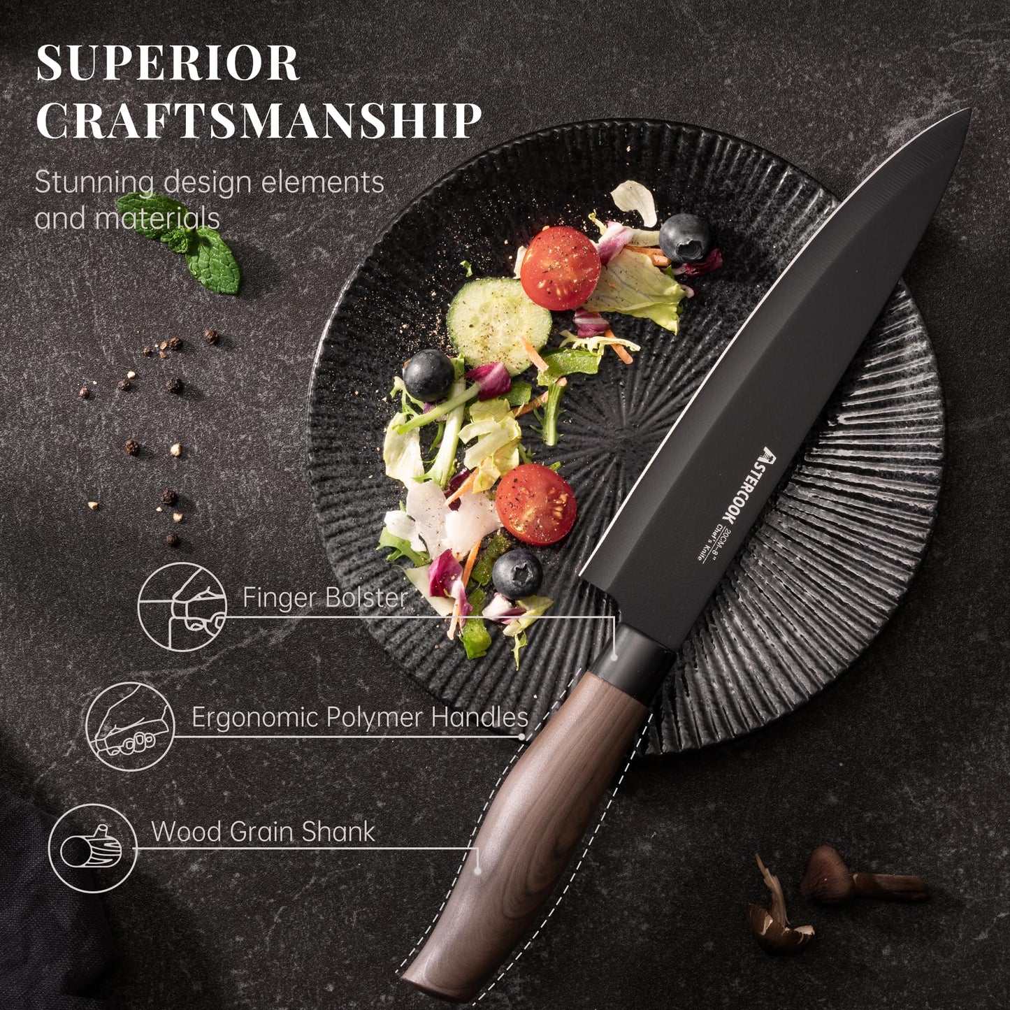 Astercook Knife Set, 6-Piece Kitchen Knife Set with Block, High Carbon Stainless Steel Ultra Sharp Kitchen Knives, Wood Grain Handle, Dishwasher Safe Knife Block Set, Black, Mothers Day Gifts