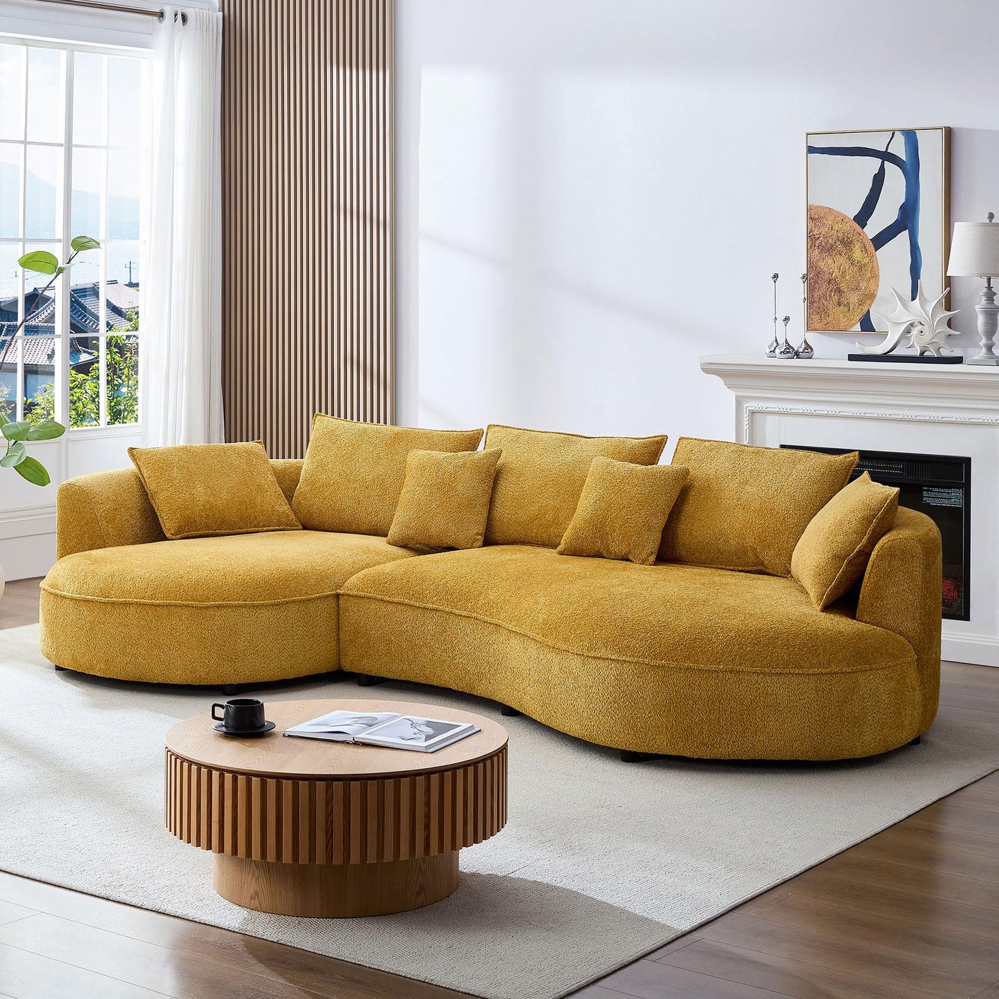 KEIKI 125" Luxury Curved Boucle Sectional Sofa with Left Chaise, Upholstered Modern Style Oversized 5-Seater Couch with Thickened Seat Cushions, Easy Assembly, for Apartment, Living Room, Yellow
