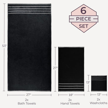Luxury Cotton Towel Set - Rice Weave 100% Egyptian Cotton 6 Piece Set with 2 Bath Towels, 2 Hand Towels and 2 Washcloths - Black