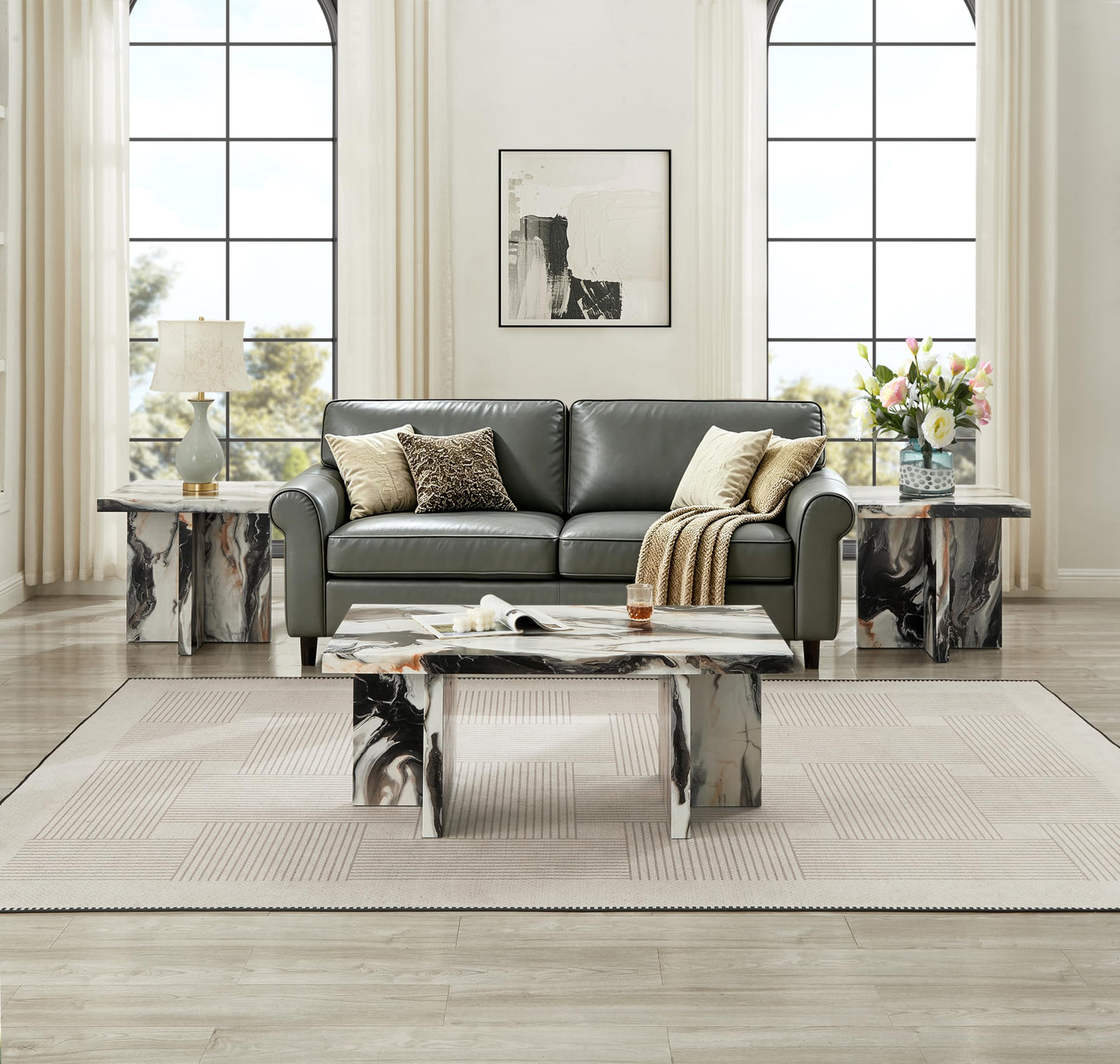 Roundhill Furniture Mchome 3-Piece Coffee Table Set, Coffee Table and Two End Tables, Off-White Faux Marble