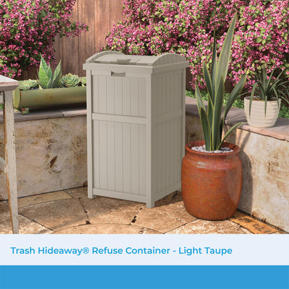 Suncast Hideaway Outdoor Trash Can with Lid - 30 Gallon Trash Can, Light Taupe, Decorative Wicker-Style Garbage Bin, Weather-Resistant Resin Fits 30-33 Gallon Bags, Ideal for Patio & Yard, Made in USA