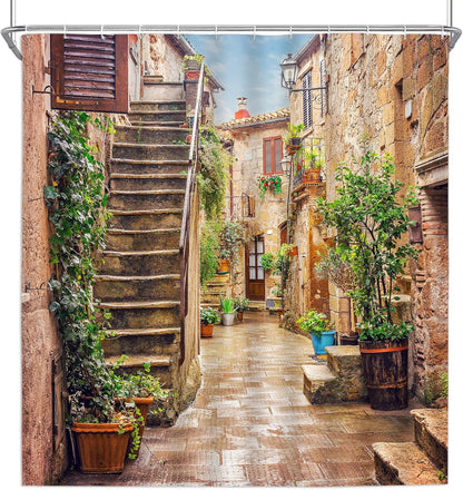 Italian Architectural Landscape Shower Curtain, European Old Mediterranean Street Design, Vintage Country Bathroom