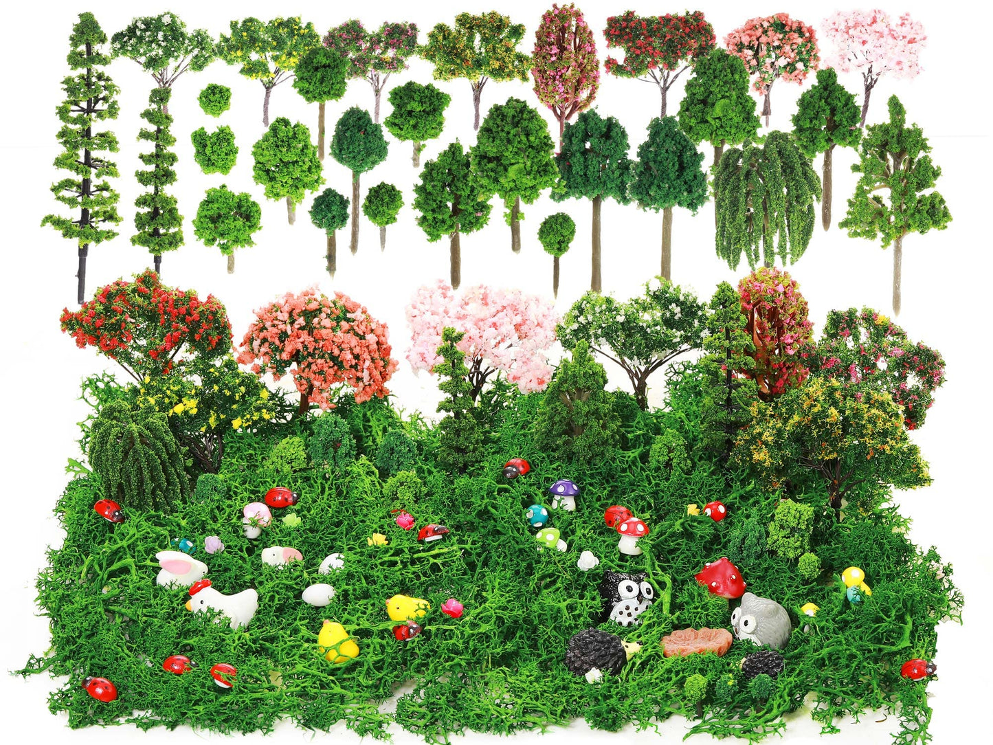 Hoteam 72 Pcs Miniature Garden Accessories Mini Moss Garden Animals Rabbit Owl Miniature Figurines Fake Diorama Trees Natural Outdoor Sheet for DIY Fairy Craft Decor