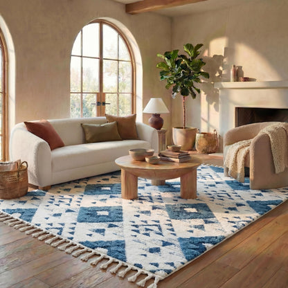 SAFAVIEH Area Rug 8x10 - Moroccan Tassel Shag Collection - Large - Blue & Ivory, Non-Shedding & Easy to Clean, Plush High-Low Texture, Ideal for Living Room, Bedroom, Dining Space (MTS688M)