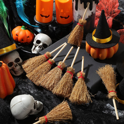 Cindeer 50 Pcs Miniature Halloween Mini Straw Brooms Artificial Halloween Straw Craft Decoration Small Dollhouse Witch Broomstick with Red Ropes Wizard Witches Accessory for Costume Cosplay Party