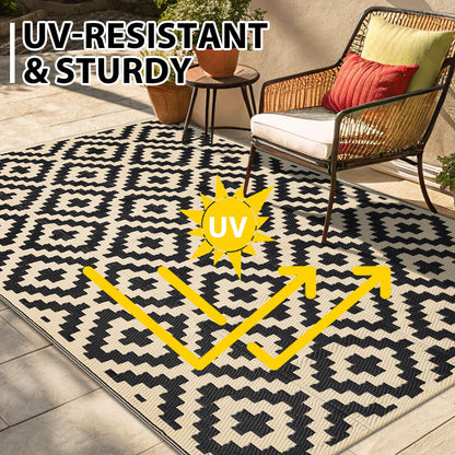 Smiry Waterproof Outdoor Rug 5x8 ft, Reversible Plastic Straw Patio Camping Rugs, Outdoor Indoor RV Mat Carpet for Patio, Outside Entry, Backyard, Deck, Bench, Picnic, Camper, Black & Beige