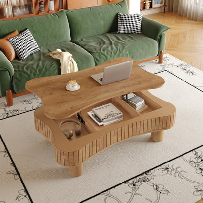 GDFStudio Zurnes Lift Top Coffee Table with Storage, 42" Accent Table for Living Room, Fluted Panel Hidden Storage, Silent Hydraulic Lift, Curved Corners, Easy Assembly, Light Brown