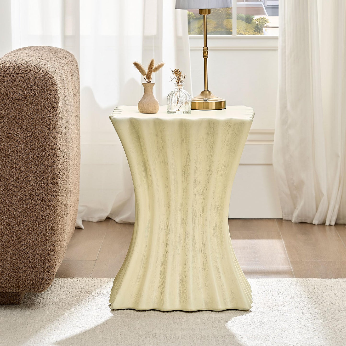 KEIKI 15" Vintage Fiberglass Square Coffee Table, Modern Style Synthetic Resins Sturdy Center Side Table, No Assembly Required, for Living Room, Bedroom, Reception Room, Office, Cream