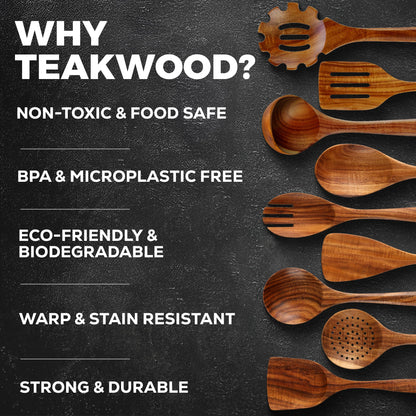 Zulay Kitchen 9-Piece Teak Wood Cooking Utensil Set – Non-Toxic & Non-Stick Safe Wooden Spoons & Kitchen Tools with Comfortable Grip, Smooth Finish Natural Teak – Perfect Kitchen Gift Set