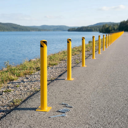4-Pack 42 Inch Steel Safety Bollards, 4.5 Inch Diameter Parking Bollard Post with 16 Anchor Bolts, Yellow Safety Steel Bollard Post for Driveway Barrier, Traffic Control & Storefront Protection