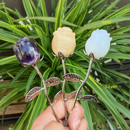 Crystal Rose Gemstone Flower Jewelry Carved Home Decoration,Reiki Heal,Girlfriend Gift,Mom's Gift,Valentines Gift (Golden stem,2piece Sodalite)