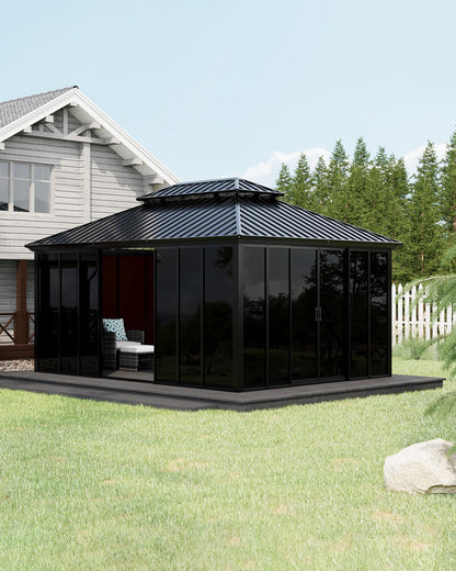 GarveeLife 12x16 ft Sunroom Hardtop Gazebo, Enclosed Gazebo with Floor-to-Ceiling Sliding Doors, All-Aluminum Alloy Frame, Screen Outdoor Room Solarium for Backyard, Patio, and Deck