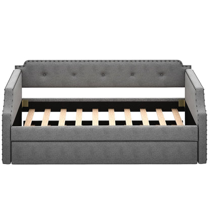 Twin Size Daybed with Trundle, Upholstered daybed with Button Tufted and Nailtrim on Arms, Sofa Bed Frame with Wood Slat Support, No Box Spring, for Living Room, Bedroom, Guest Room, Gray.