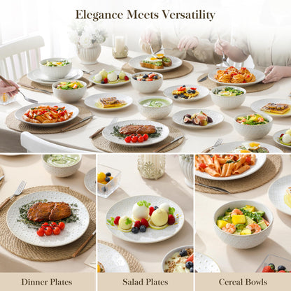 MALACASA 24 Piece Dinnerware Set, Embossed Ceramic Dish Sets Service for 8, Plates and Bowls Set, Durable Stoneware Tableware for Family Dinners, Dishwasher & Microwave Safe