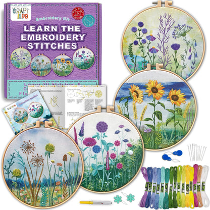 CRAFTILOO Embroidery Kit for Beginners Adults — 4 Floral Stamped Patterns, Learn 17 Stitches | Complete Needlepoint Kit with Hoop, Needles, Thread & Video Tutorial | Embroidery Kits for Adults Women