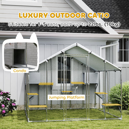 PawHut Catio Outdoor Cat Enclosure, 95" Extra Large Walk-in Cat House with Waterproof Cover, 2 Resting Boxes, 7 Jumping Platforms, Chicken Run Coop, Rabbit Hutch, Feral Cat Shelter Pointed Roof