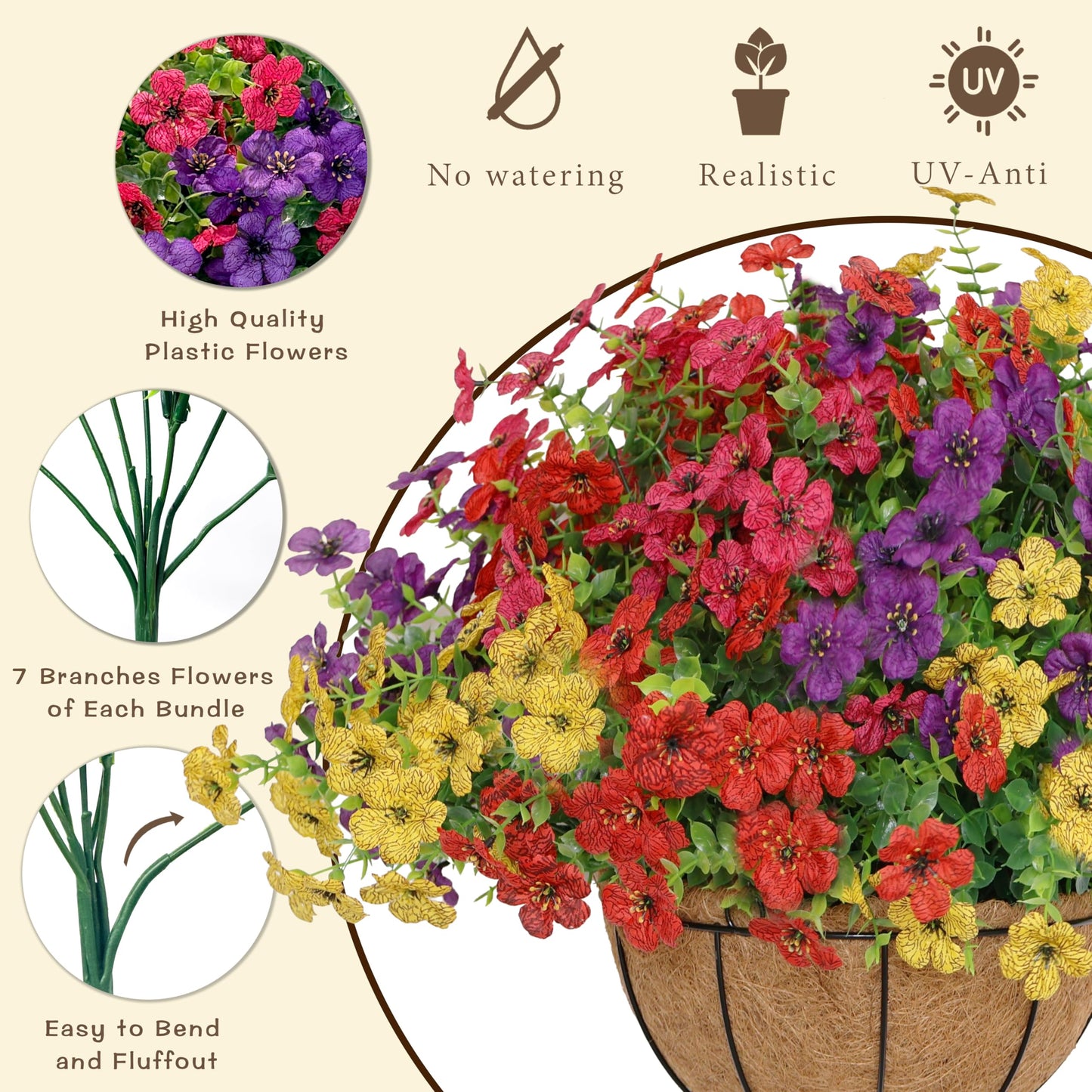 Senjie 2 Set Artificial Hanging Flowers with Basket for Outdoor Decor, UV Resistant 24 Bundles Faux Flowers Fake Hanging Planter for Porch Patio Balcony