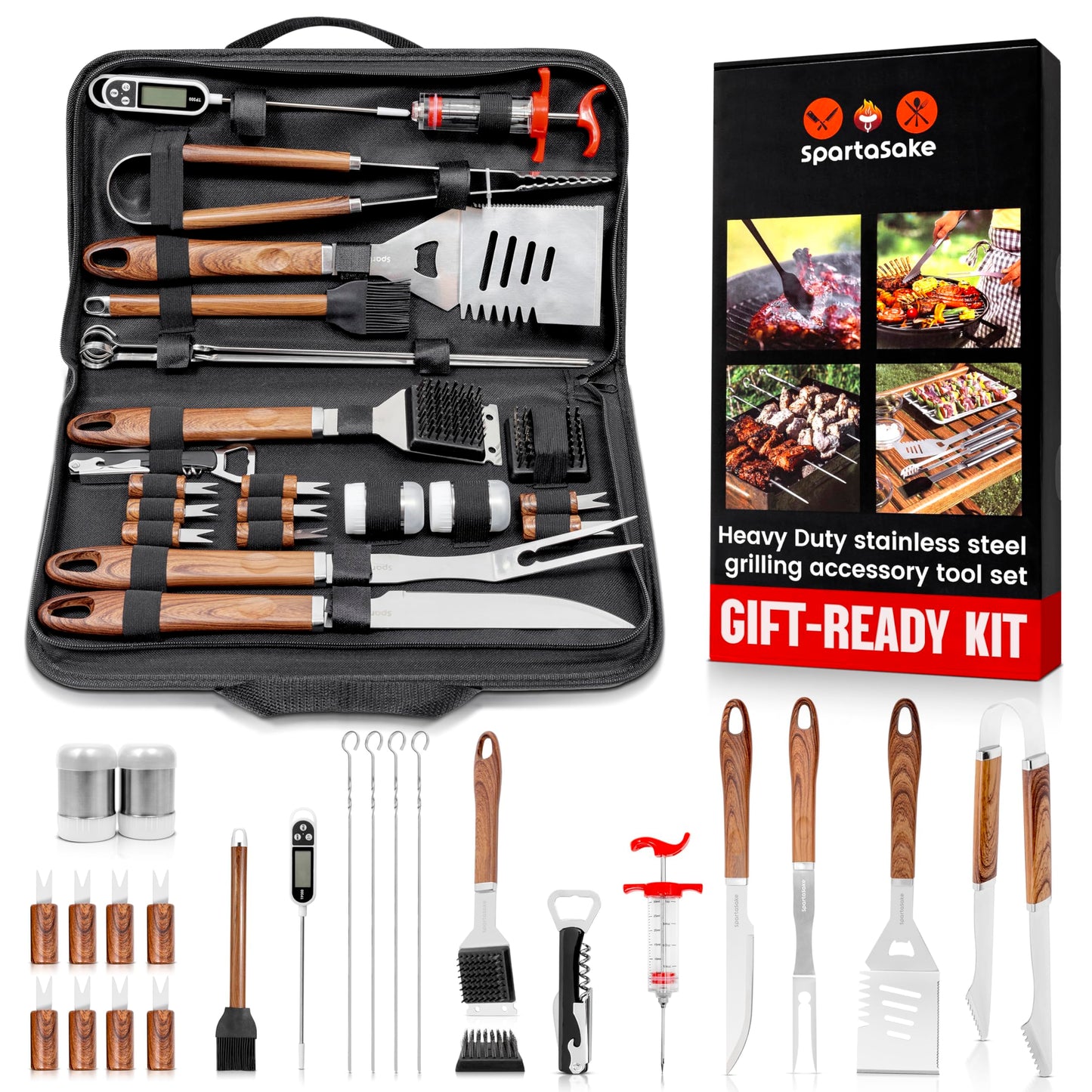 SpartaSake (24-Pack) Premium Stainless Steel BBQ Grilling Accessories with Wood Handles - Barbecue Gill Accessories Set for Blackstone Griddle - Outdoor Camping Grill Set for BBQ for Dad Men Women