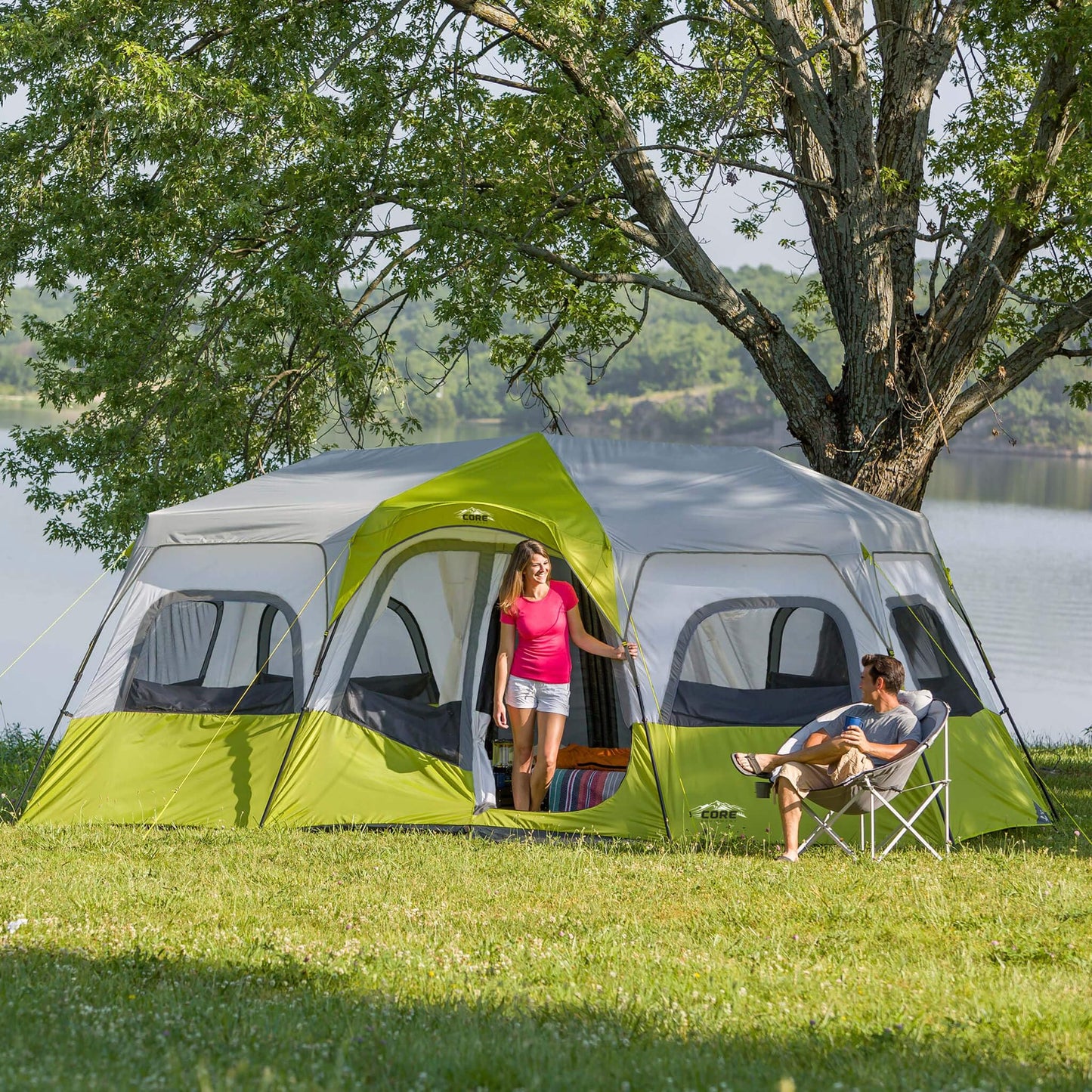CORE 12 Person Instant Cabin Tent | Large 3 Room Family Pop Up Tent for 2 Minute Camp Setup | Included Storage Pockets for Camping Accessories