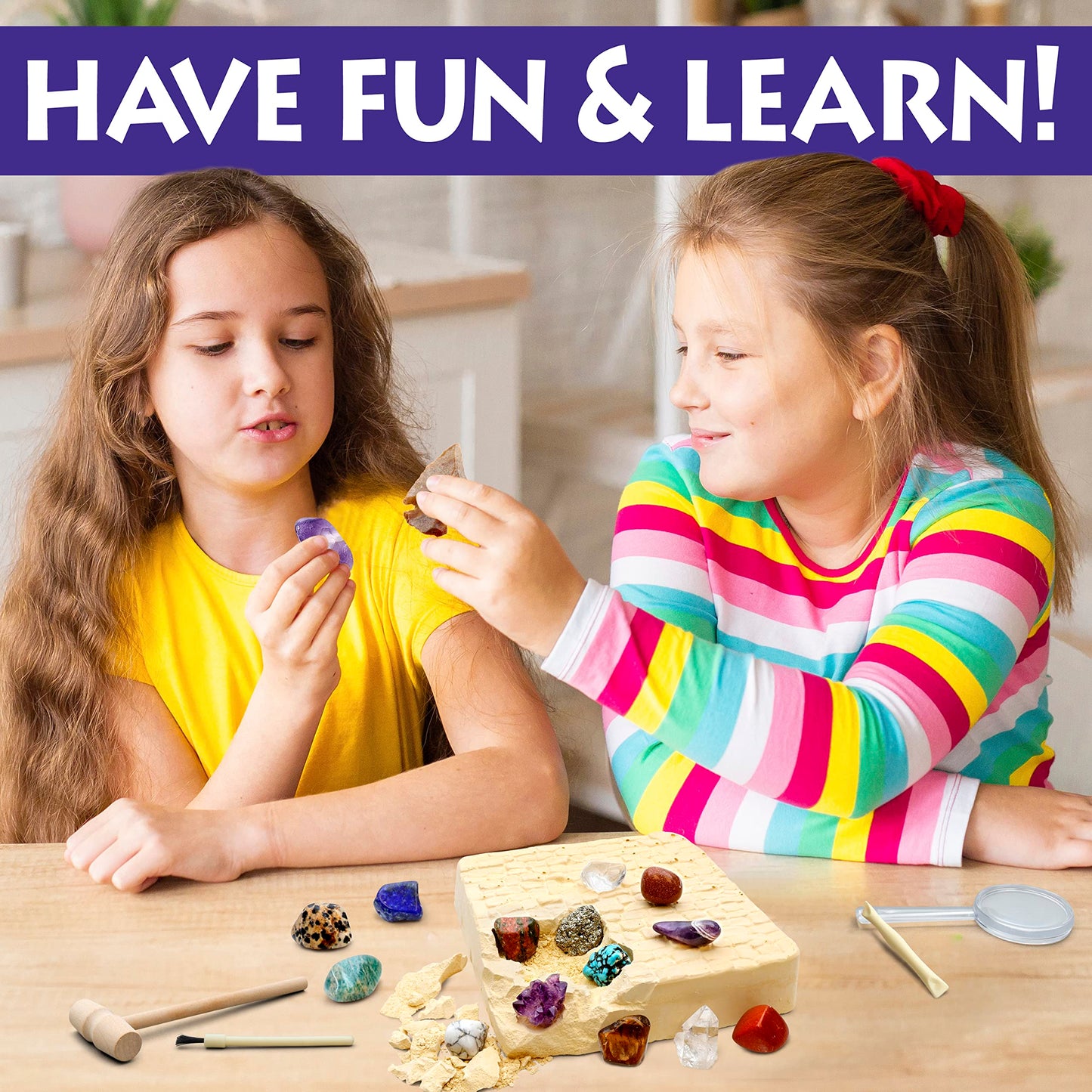 DANCING BEAR Gem stone Dig Kit, Excavate 16 Real Gems & Crystals including Arrowheads, Quartz Point and Amethyst, STEM Education for Kids, Fun Rock Mining Science Activity Gift Sets for Girls and Boys