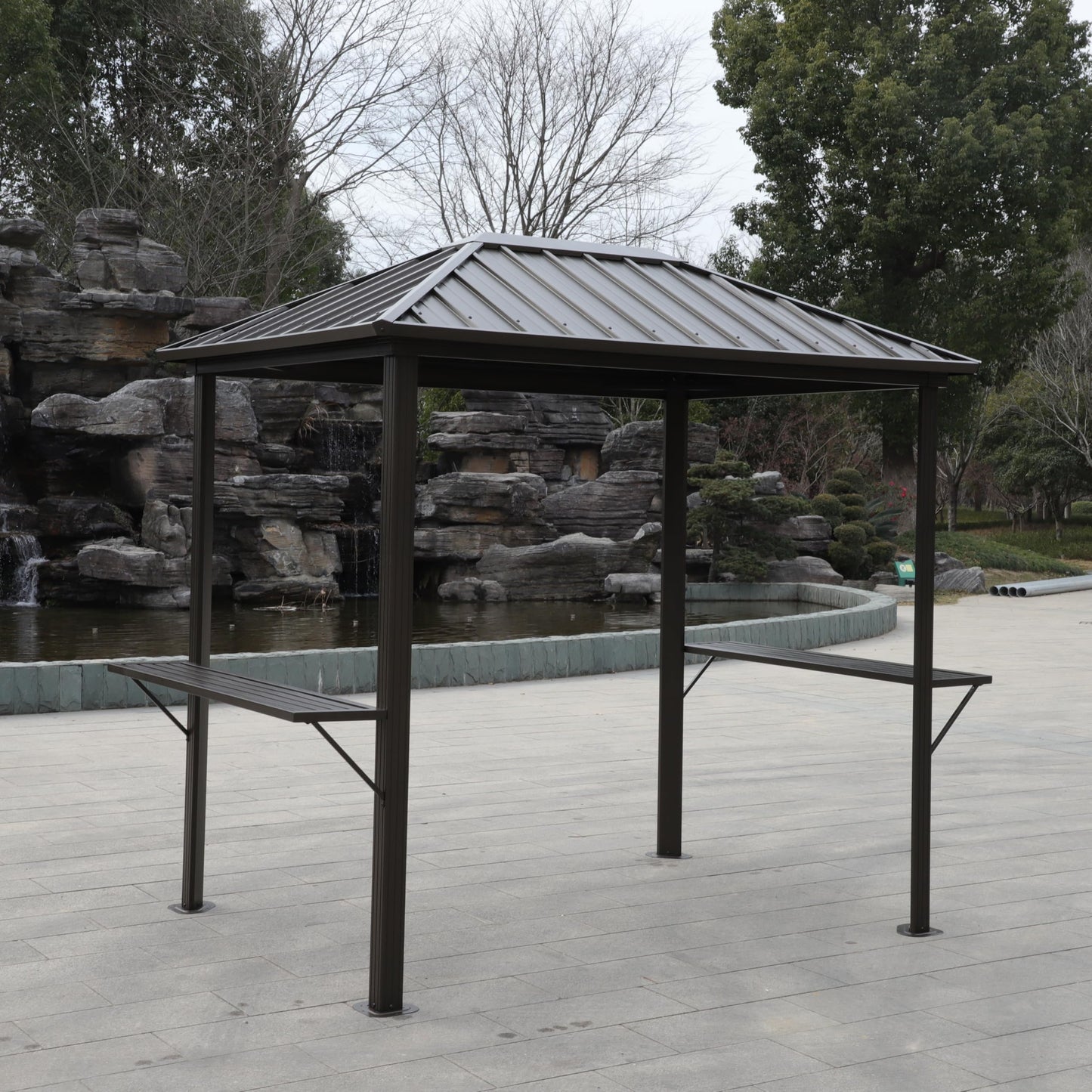 Grill Hardtop Gazebo Outdoor Metal Hard Top Gazebo, Permanent BBQ Gazebo with Galvanized Steel,Aluminum Framed Pavilion with Shelves for Patio Backyard Lawn Garden, Patio, Backyard Single Roof
