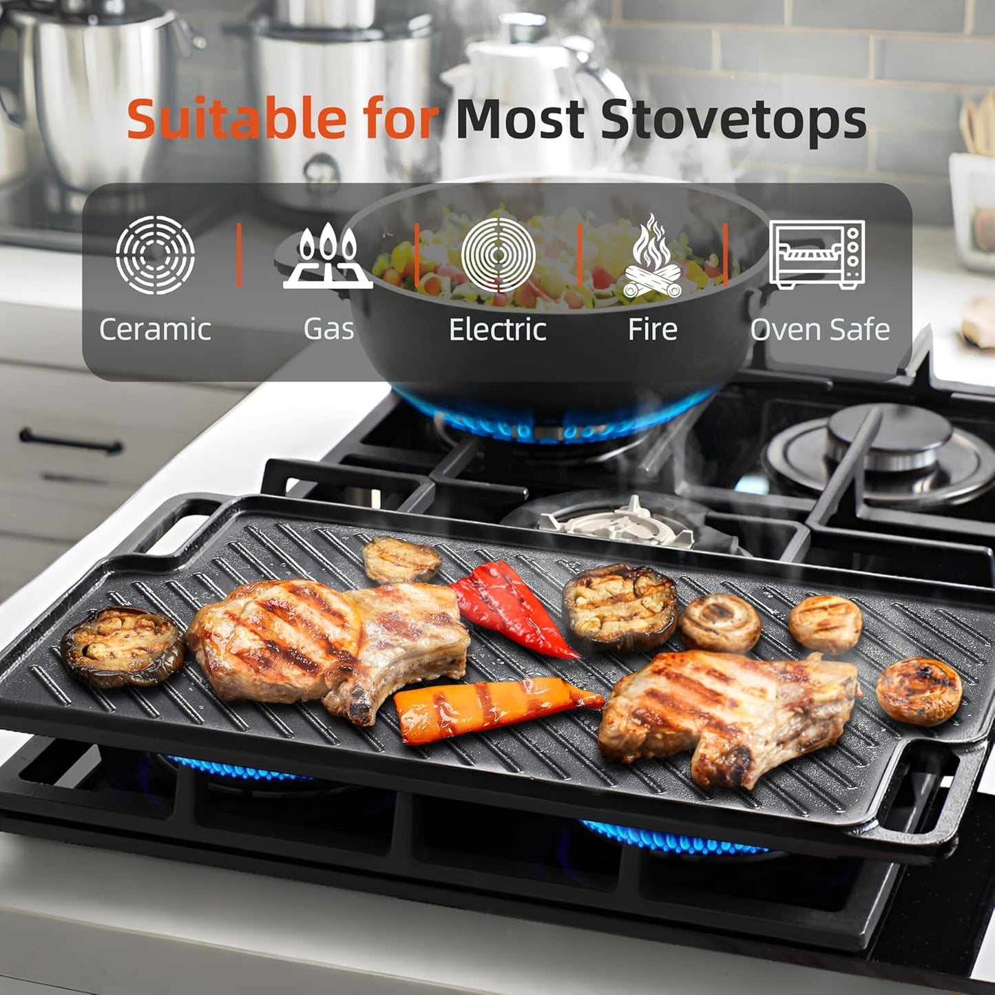 Reversible Pre-Seasoned Cast Iron Griddle Plate | 1-Piece 16.50 Inch Grill Pan for Gas Stovetop & Oven Use