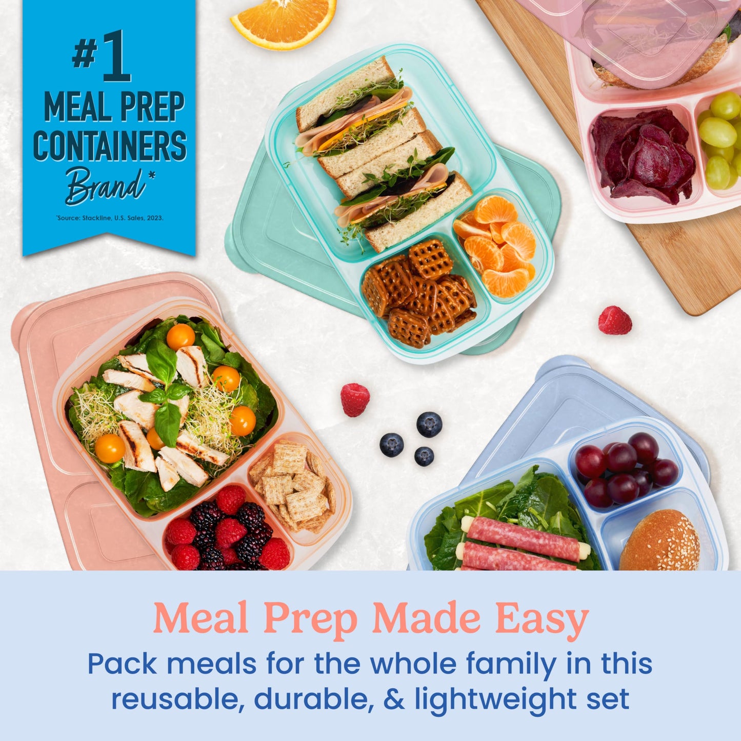 Bentgo Easyboxes - Original Stackable Lunch Boxes - Reusable 3-Compartment Food Containers for Kids and Adults - Bento Lunch Box for Meal Prep, School, & Work - BPA Free, (Pastels (4-Pack))