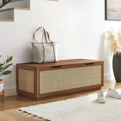 Modway Soma Rattan Storage Bench in Walnut – Faux Cane Flip-Top Low Profile Storage Ottoman for Bedroom, Entryway, or Living Room