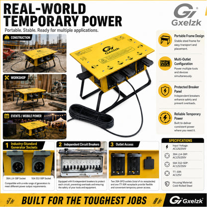 Power Distribution Box Temporary Distribution Box, It has Both 50A and 30A inlets, six 120V CFGI duplexes,Safe and Reliable Power on Any Construction site (50A-Temporary Distribution Box)