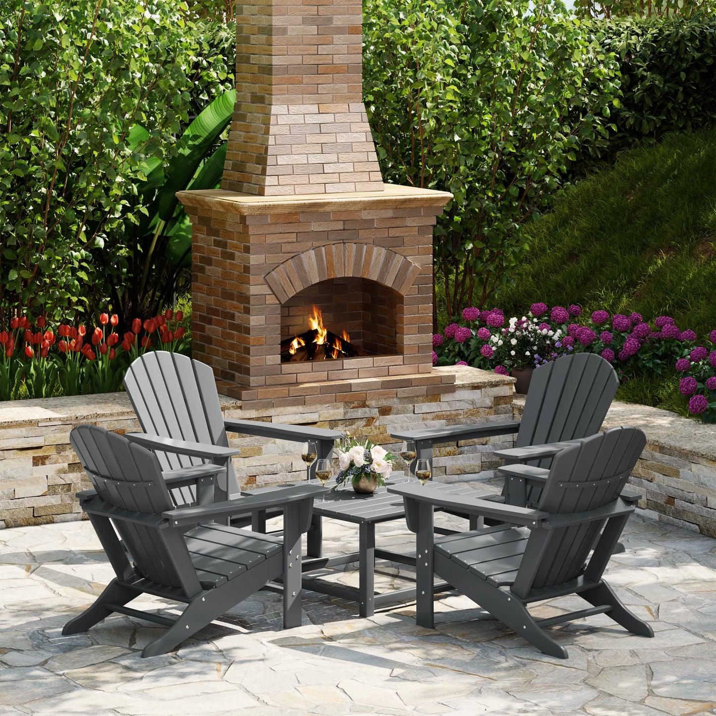Costaelm Patio Conversation Set, Patio Chairs Set of 5 Balcony Firepit Furniture Outdoor Adirondack Square Table and Chair Backyard Furniture Set for Lawn Porch Pool Garden, Gray