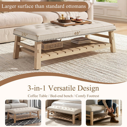 Merax 48" Large Rectangle Linen Blend Ottoman Coffee Table, Button Tufted with Slatted Storage Shelf, Upholstered Footstool Bench with Nailhead Trim & Solid Wood Legs, Seats for Living Room, Beige