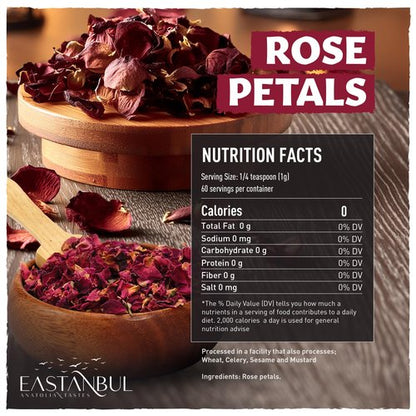 Eastanbul Dried Rose Petals, 2.1oz, Premium Edible Rose Petals, Dried Flower for Herbal Tea, Decoration, Sprinkles, Dessert Topping, From Mediterranean Flowers, Natural, Vegan, Gluten Free, Non GMO