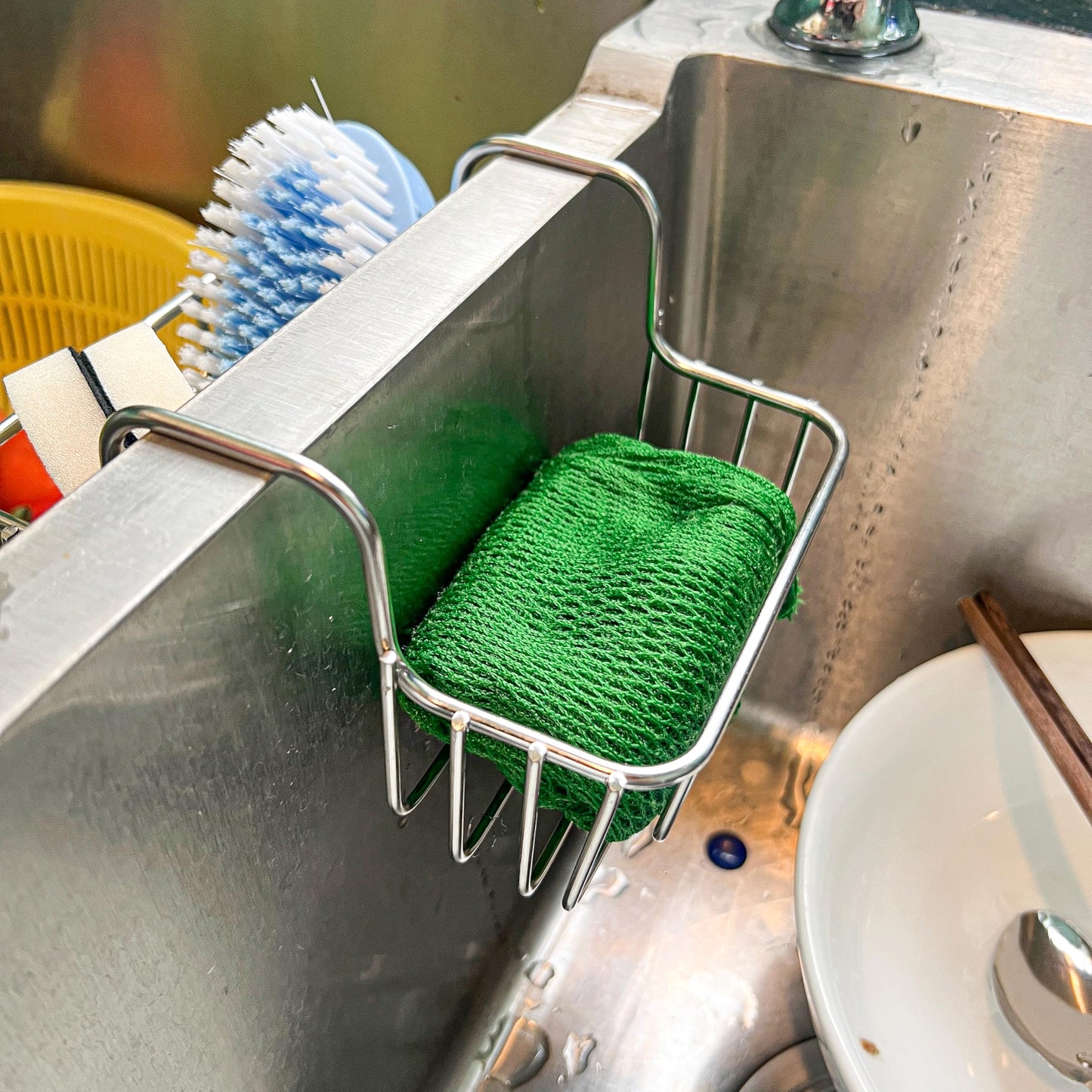 BuleVina Stainless Steel Sponge Holder for Kitchen Sink - Never Rust Hanging Saddle Double for Soap Kitchen Sink Caddy 2.2 inch, Rustproof Organizer for Dishwashing and Brush Drying