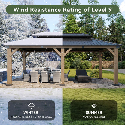 Aoxun 12' x 20' Outdoor Wood Gazebo, Hardtop Gazebo Permanent Wooden Pavilion with Galvanized Steel Double Roof, for Patio, Garden, Yard, Cedar Wood, Grey