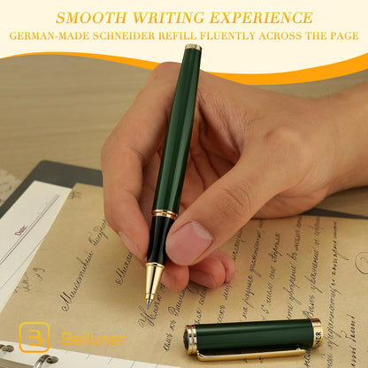 BEILUNER Luxury Rollerball Pen, Stunning Green Lacquer with 24K Gold Trim,Noble and Elegant Designs,Schneider Ink Refill, Best Gift Set for Men & Women, Refillable, Executive Writing, Nice Pens