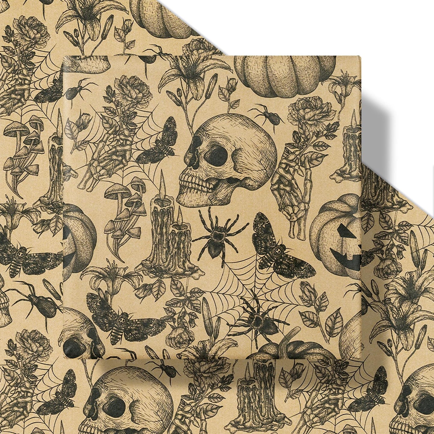 RUSPEPA 30" X 32.8' Kraft Autumn Wrapping Paper Large Paper Roll, Jumbo Roll, Vintage Black Skull, Spider, Pumpkin and Gothic Floral Design Kraft Gift Wrap for Fall Holiday and Halloween Party