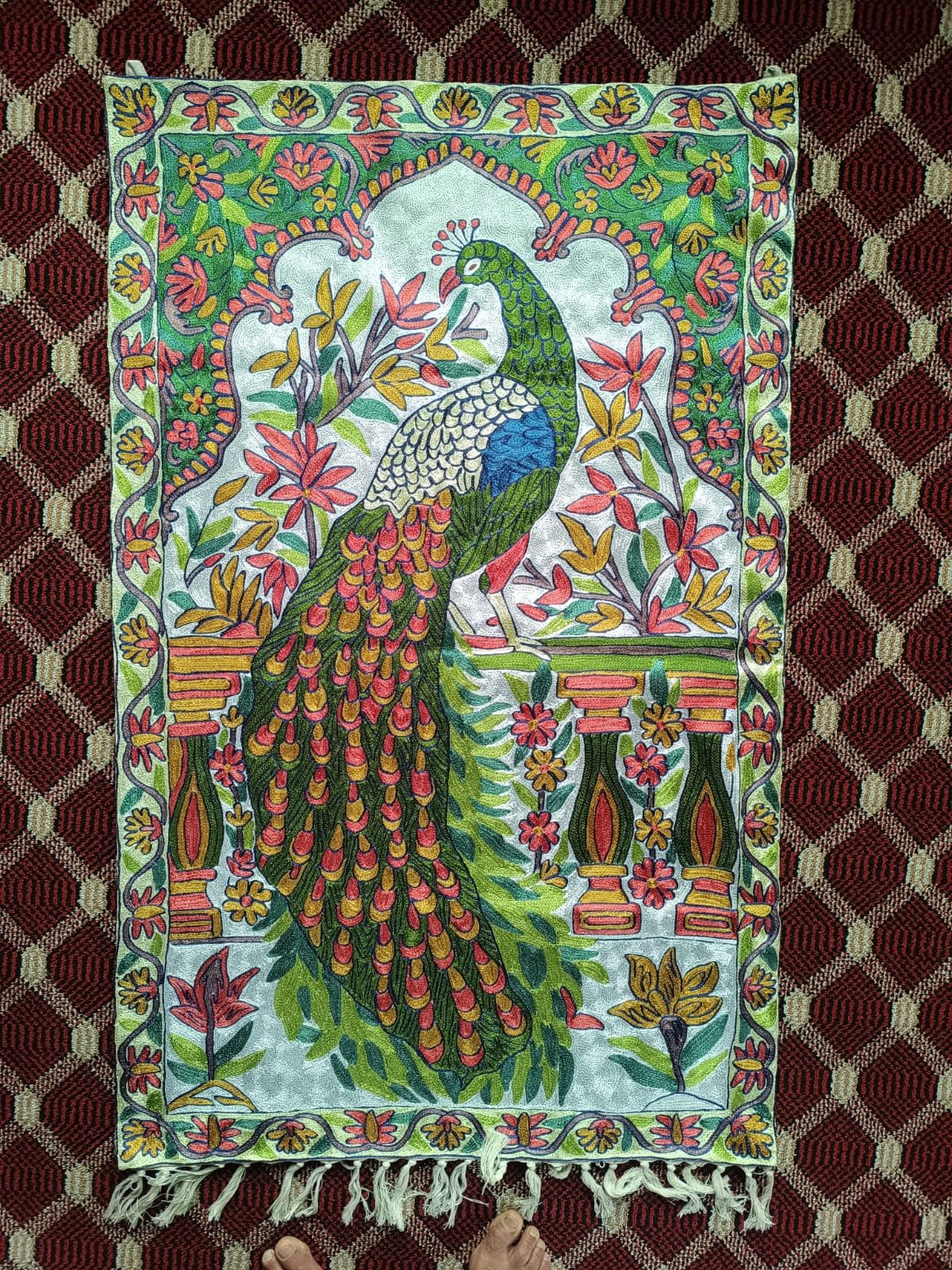 Kashmir Handmade Chain Stitch Peacock Wall Tapestry, Silk and Cotton on Canvas, 2.5 x 4 ft, Multicolor Floral Design Pack of 01