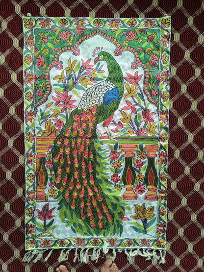 Kashmir Handmade Chain Stitch Peacock Wall Tapestry, Silk and Cotton on Canvas, 2.5 x 4 ft, Multicolor Floral Design Pack of 01