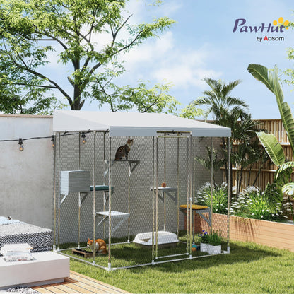 PawHut Catio Outdoor Cat Enclosure, 79" Large Walk-in Cat House with Waterproof Cover, Resting Box, 5 Jumping Platforms, Chicken Run Coop, Rabbit Hutch, Feral Cat Shelter Sloped Roof