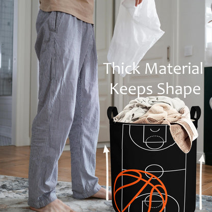 Basketball Boys Laundry Basket with Lining Kids Round Black Basketball Laundry Hamper Clothes Storage Bin Basket Organizer for Boy Room Decor
