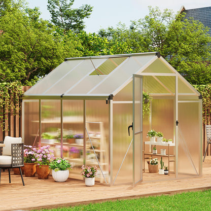 6x8 FT Greenhouse for Outdoors, Polycarbonate Greenhouse with Roof Vent, Ground Nails, Lockable Push Door, Aluminum Large Walk-in Green House for Outside Garden Backyard, Patio, Lawn, Silver