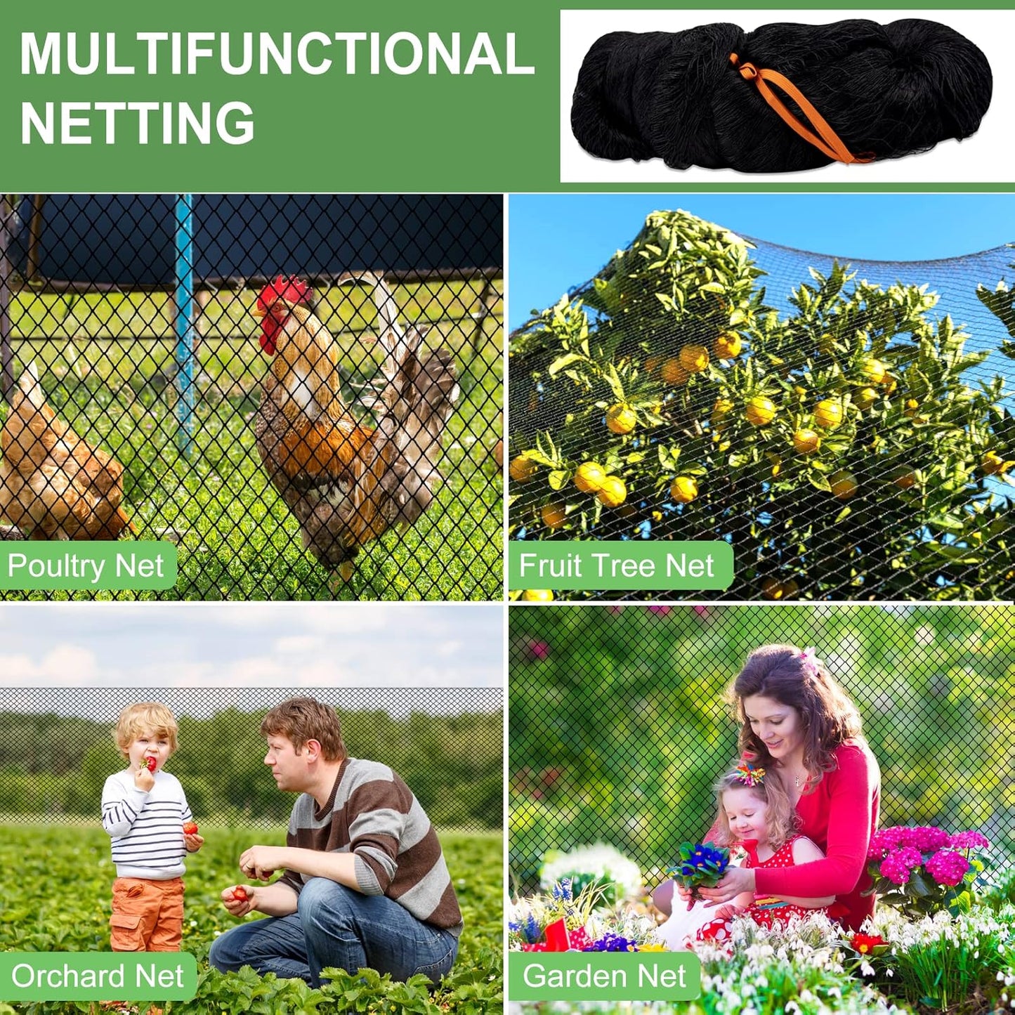 DQS 25'x50' 1' Bird Netting - Heavy Duty with Square Mesh, Poultry Netting for Chicken Coop Roof, Garden Protection