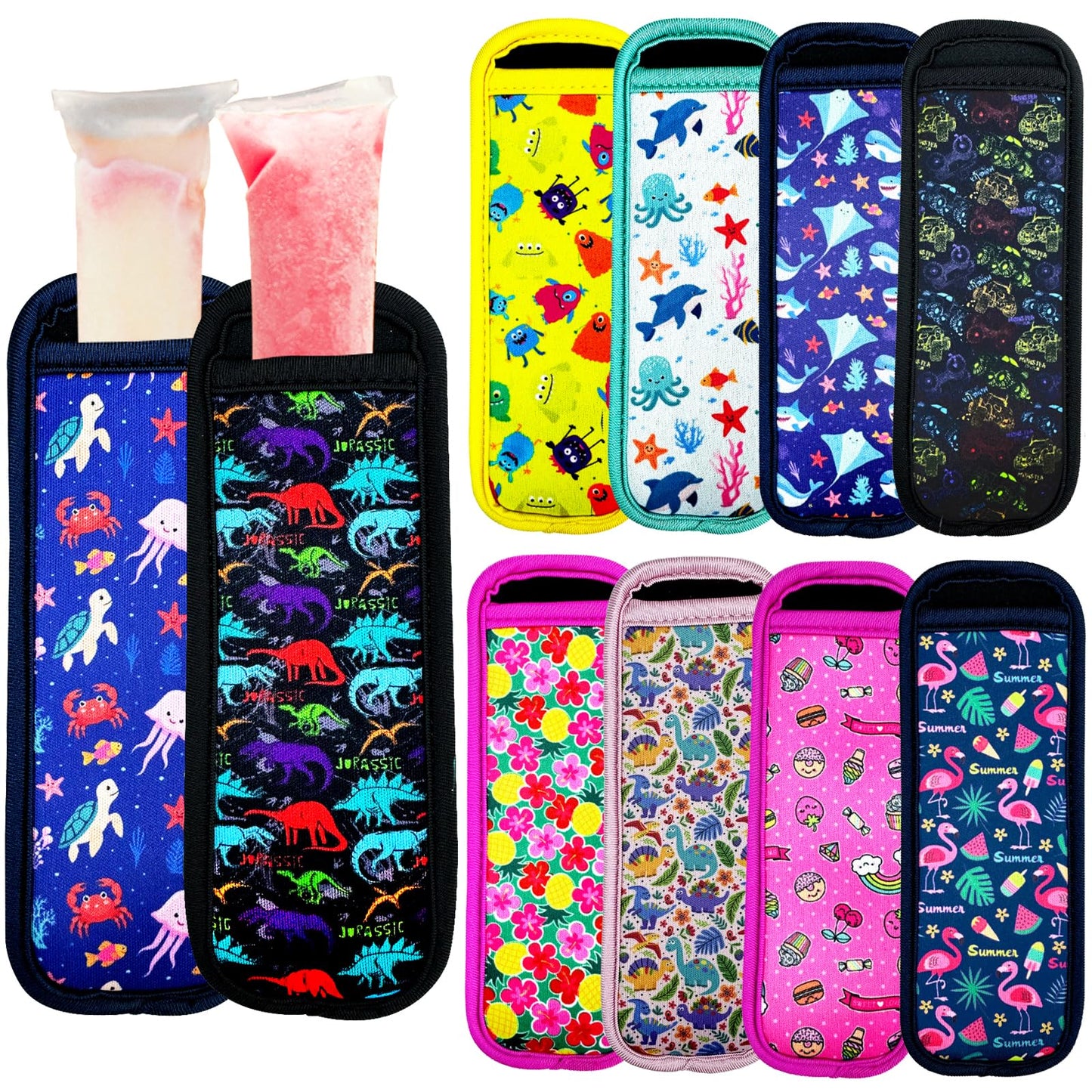 AMUSEPROFI 10 Pack Reusable Popsicle Holders Ice Pop Sleeves Anti freezing Ice Pop Holders Ice Freezer Protective Cover Washable Ice Pop Neoprene Insulator Sleeve