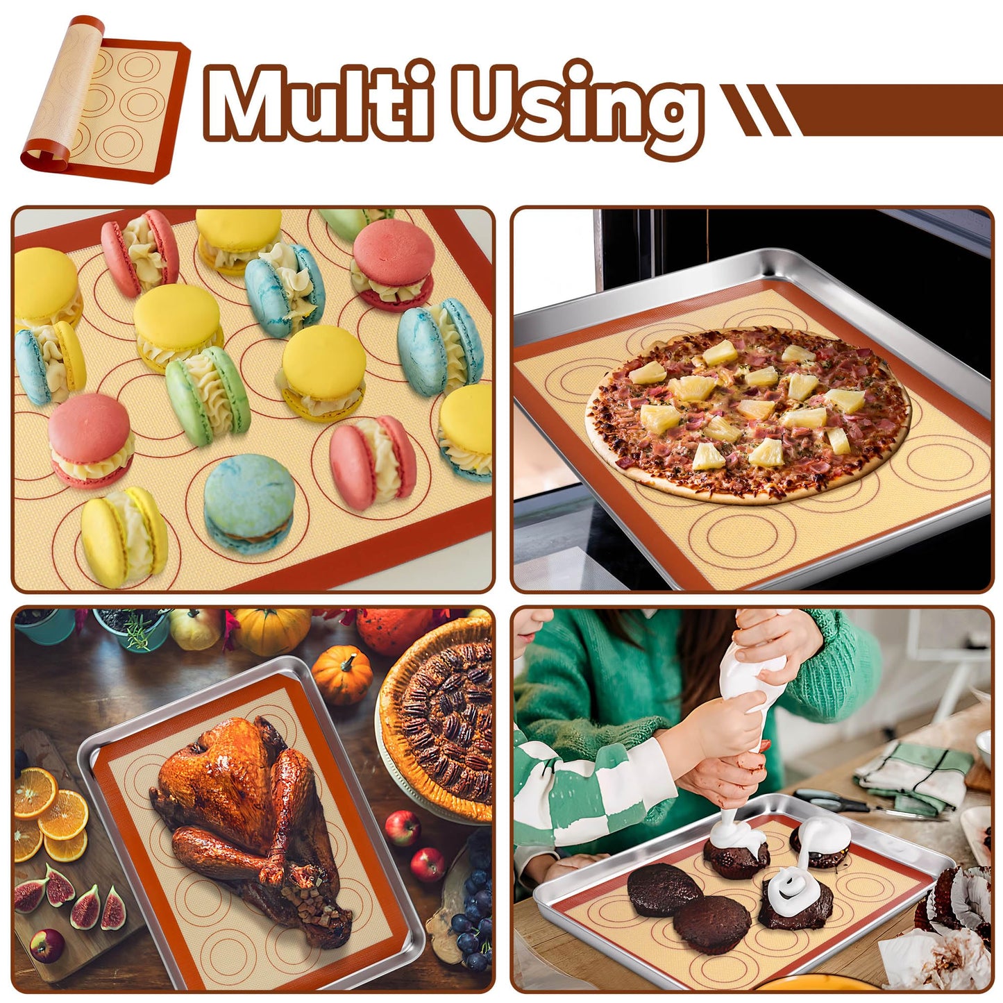 P&P CHEF 15 Inch Silicone Baking Mats, 2 Pcs Reusable Silicone Oven Mat, Non Stick Baking Supplies for Macaroon Pastry Bread Dough Cookie, Fits Well with Sheet Pan, Healthy & Easy Clean