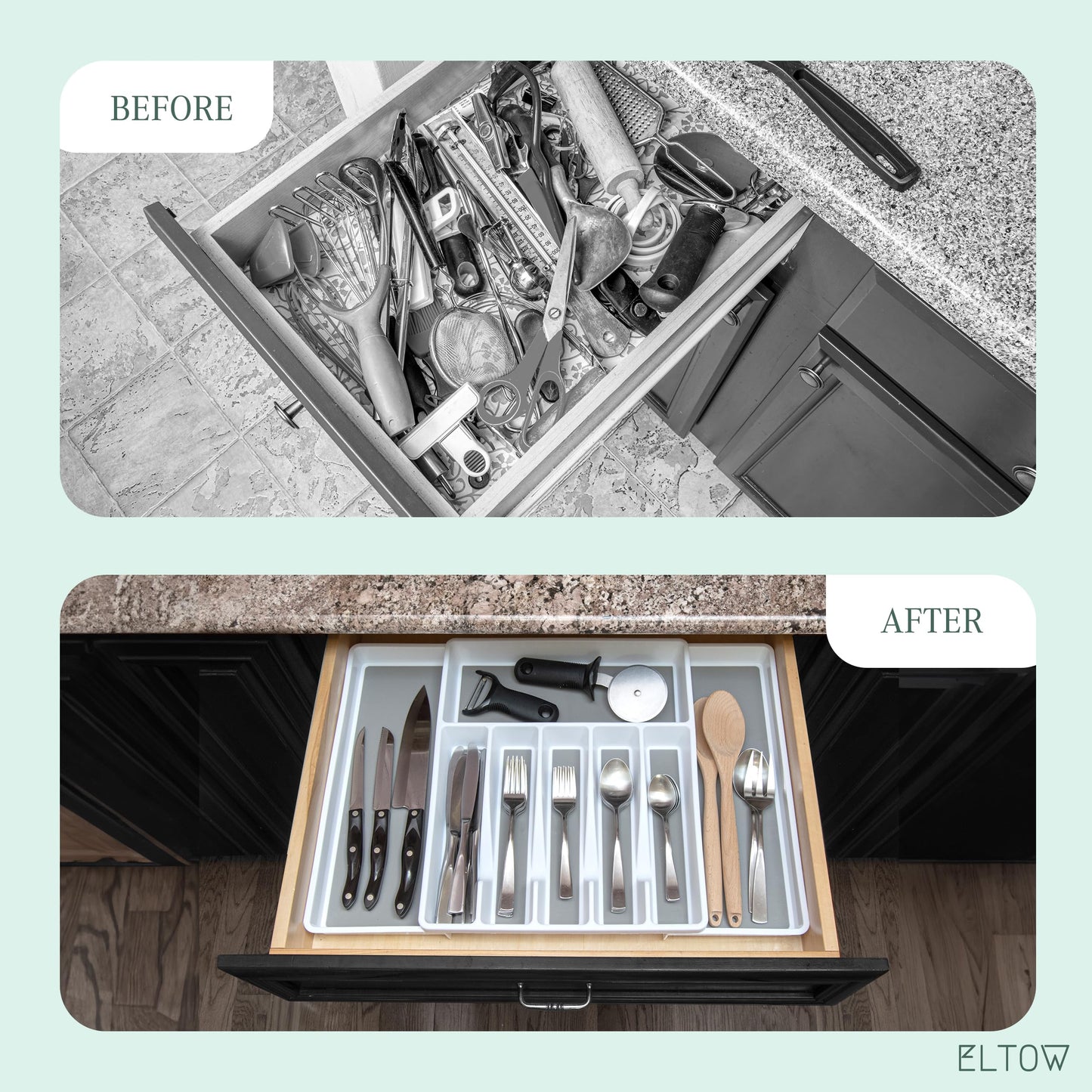 ELTOW Large Expandable Silverware Drawer Organizer, 8 Compartment Non-Slip & Adjustable Silverware Organizer for Drawer, Kitchen Organization for Utensils, Cutlery, Silverware Tray (Black)
