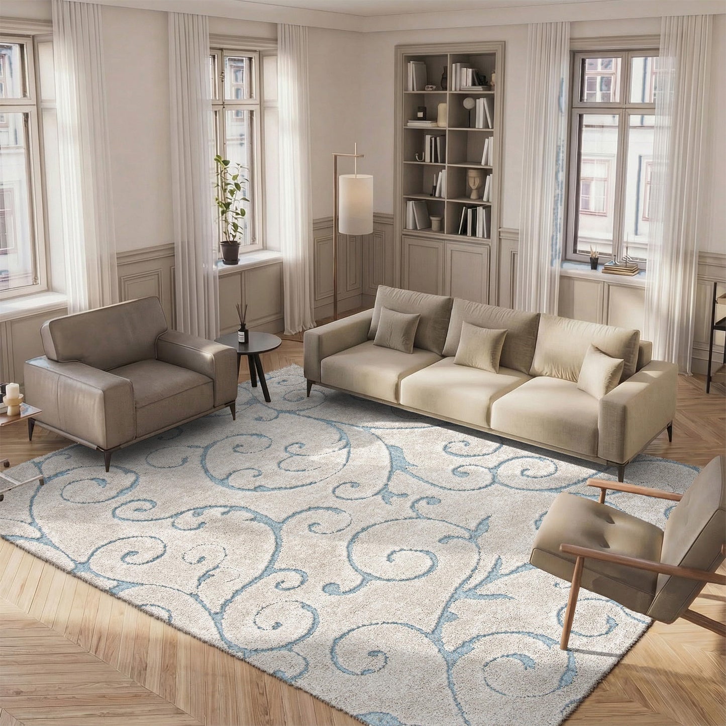 SAFAVIEH Area Rug 8x10 - Florida Shag Collection - Large - Beige & Blue Grey, Scroll Design, Non-Shedding & Easy to Clean, High-Low Plush Pile, Ideal for Living Room, Bedroom, Dining (SG455-1155)